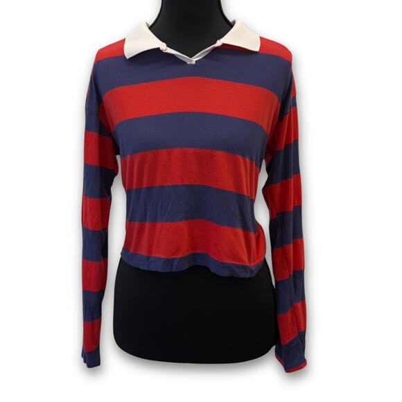 Caution To The Wind Tops - Cropped Striped Long Sleeve Polo | Women's XL | Caution to the Wind